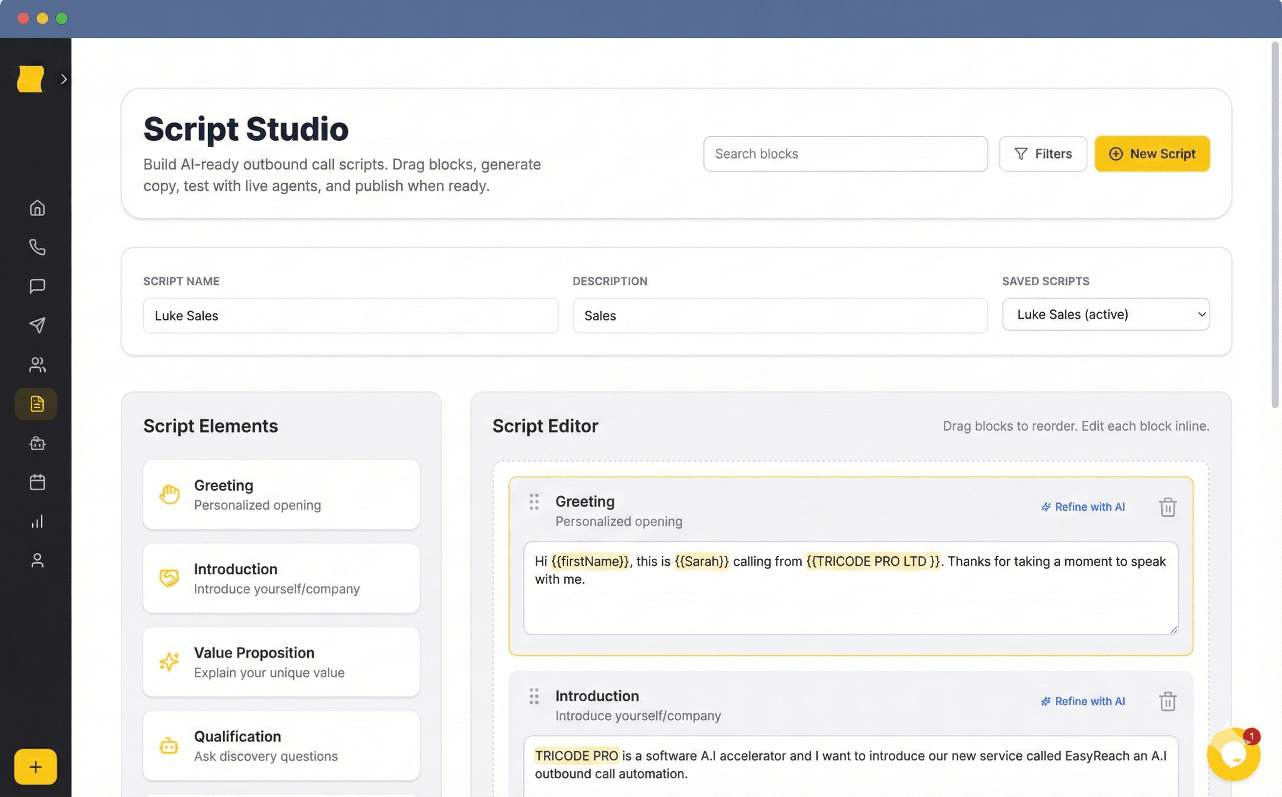 A screenshot of the script editor, with a text area for a voice script and language/tone selection dropdowns.